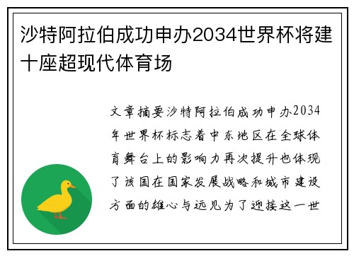 沙特阿拉伯成功申办2034世界杯将建十座超现代体育场 沙特阿拉伯成功申办2034世界杯将建十座超现代体育场